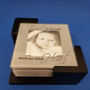 Six piece photo coaster set with black wood holder Faith can hold pictures